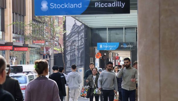 Piccadilly signage on Pitt Street with pedestrians Piccadilly signage on Pitt Street with pedestrians